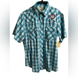 Wrangler Western Shirt Mens L Blue Plaid Short Sleeve Pearl Snap Cowboy Cosplay